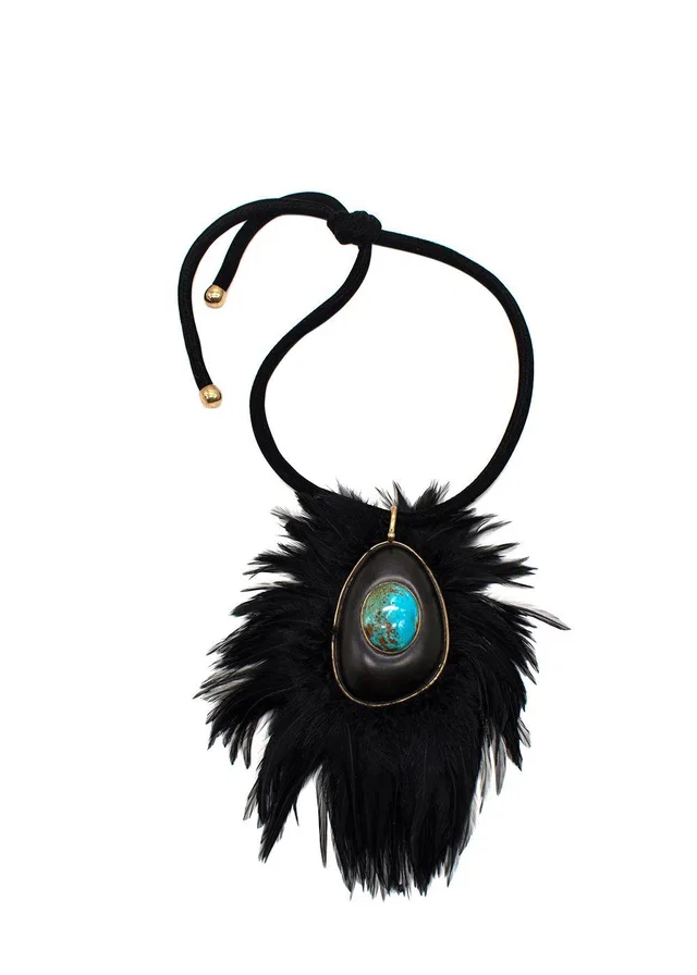 Tom Ford Statement Feather Necklace with Turquoise Stone in Blue from HEWI