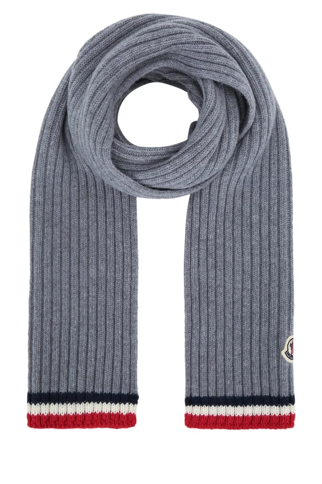 Moncler Ribbed Knit With Striped Trim Scarf — Gray Mixed Fibres Scarfs in Grey from HEWI
