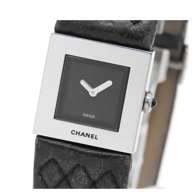 Chanel Quilted Black SS Leather Square Watch Quartz in Black Leather from The Reluxe
