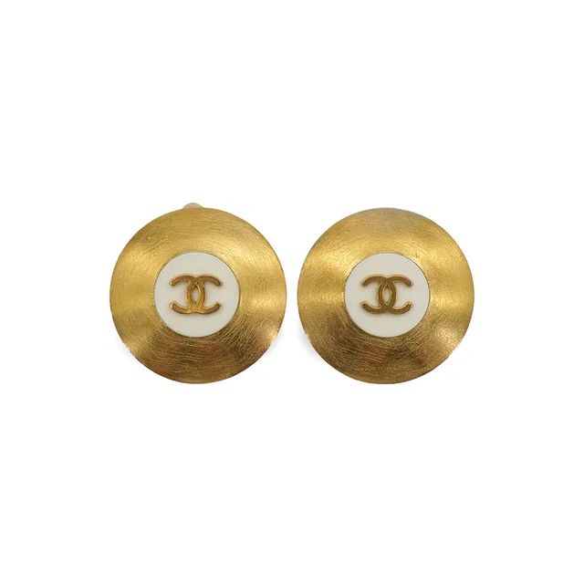 Chanel Vintage Earrings Cocomark Round Gold White Accessory 94P in White from Luxury Promise