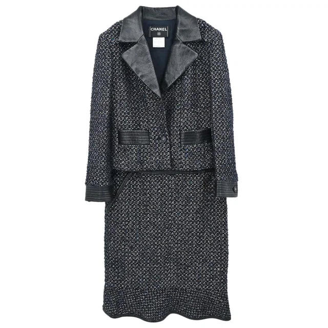Chanel 2002 Setup Suit Jacket Skirt Tweed Black Navy 02A #36 in Black Tweed from AMORE Vintage Tokyo
