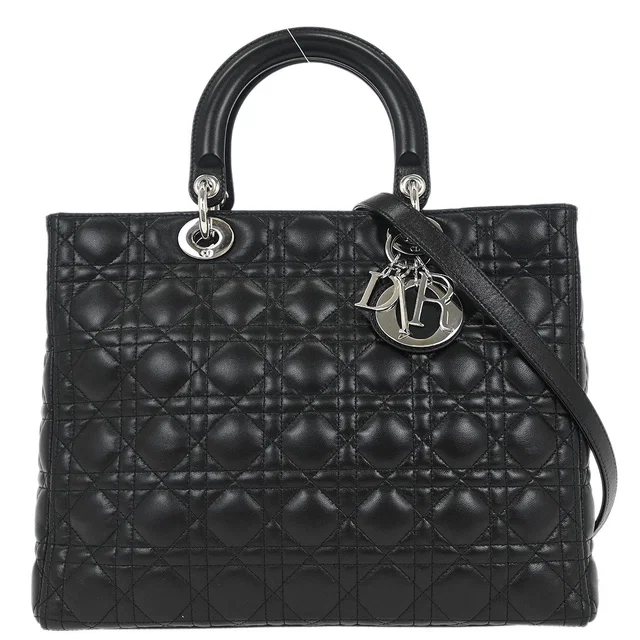 Black Lambskin Large Lady Dior Cannage 2way Handbag in Black Lambskin from AMORE Vintage Tokyo