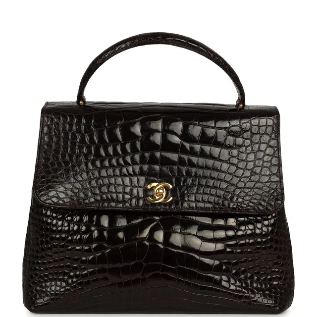 Chanel Vintage Large Kelly Dark Brown Shiny Alligator Gold Hardware in Brown Crocodile from Madison Avenue Couture