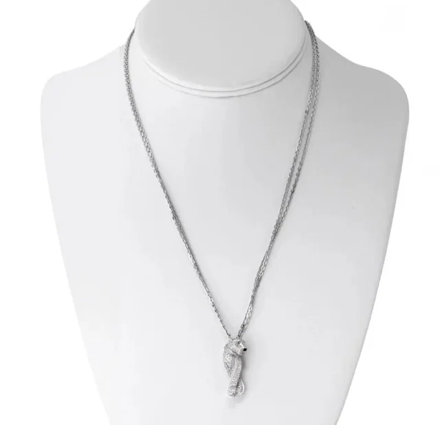 Cartier 18K White Gold Pave Panthere on a Triple Chain Pendant Necklace in White from Luxury Promise
