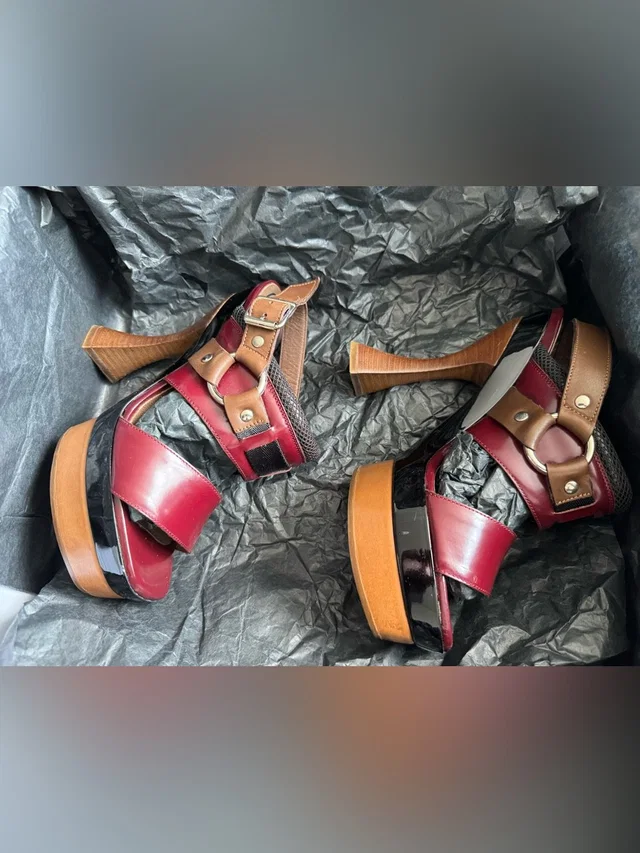 Marni Platform Heeled Sandals In Burgundy, Black & Tan in black|red Patent leather from Poshmark