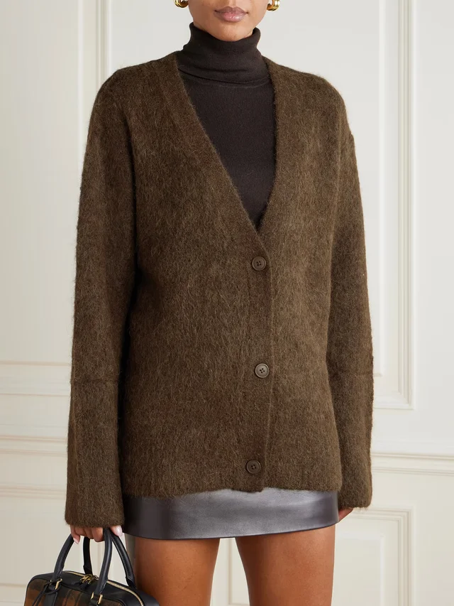 THE FRANKIE SHOP Elland brushed alpaca-blend cardigan in brown 78% Alpaca wool 19% Polyamide 3% Elastane, photo 3 of 5 from NET-A-PORTER (Canada)
