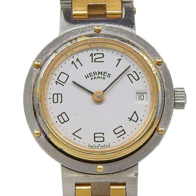 Hermès Clipper Stainless Steel Gold Plated Quartz Analog Display White Dial in White from The Reluxe