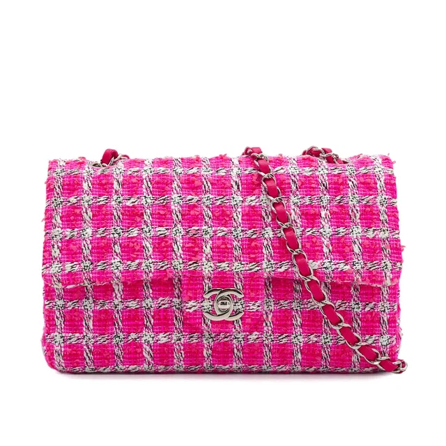 Chanel Matelasse Chain Shoulder Bag Pink Tweed Silver Hardware in Pink Tweed from Luxury Promise