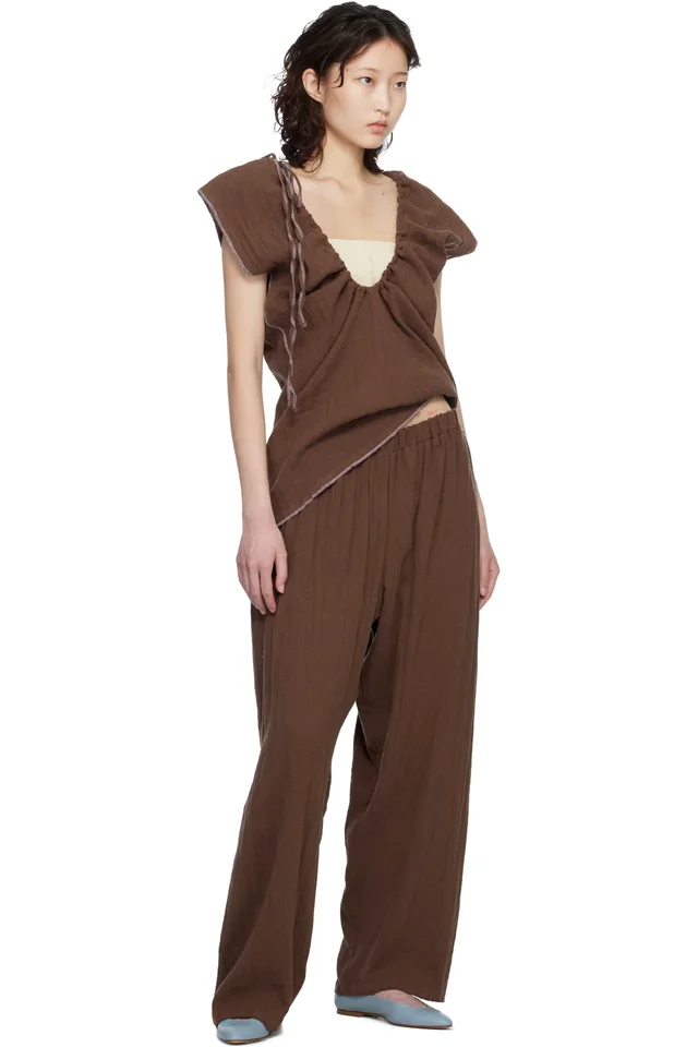 Baserange Brown Crinkle Linen Folio Lounge Pants, photo 4 of 4 from SSENSE