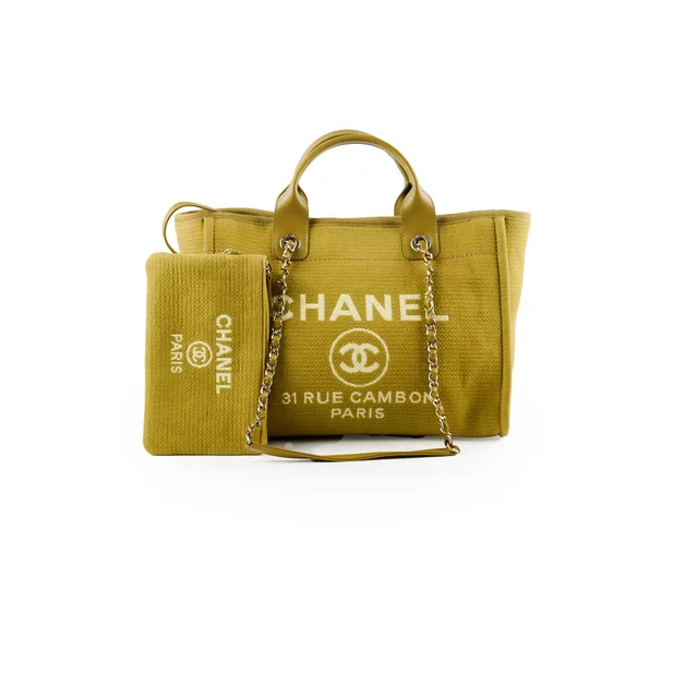 Chanel Deauville Small Green/Gold Tote in Green Canvas from The Purse Affair