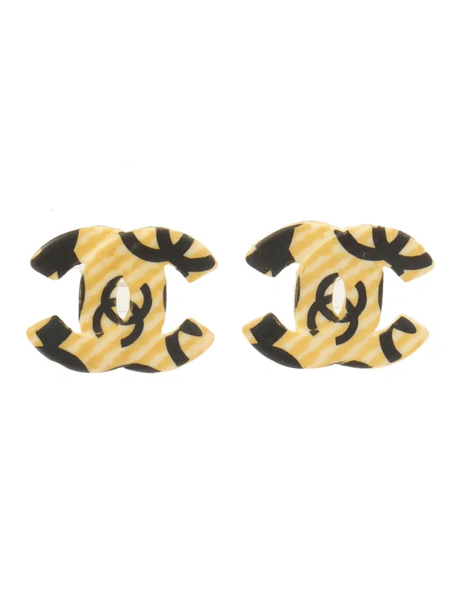 Chanel 2002 CC Mark Design Pierced Earrings Beige/Black in Black from VINTAGE QOO TOKYO