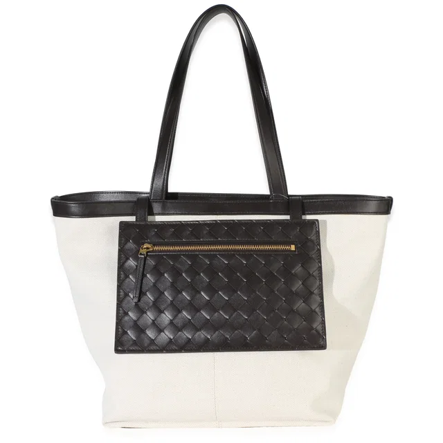 Bottega Veneta Beige Brown Canvas Mix Intrecciato Nappa Medium Flip Flap Tote in Brown Nappa leather from myGemma