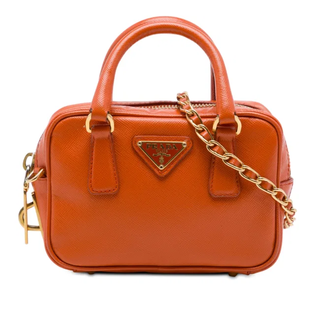 Orange Prada Mini Saffiano Lux Bauletto Bag Satchel in Orange Saffiano leather from Designer Revival