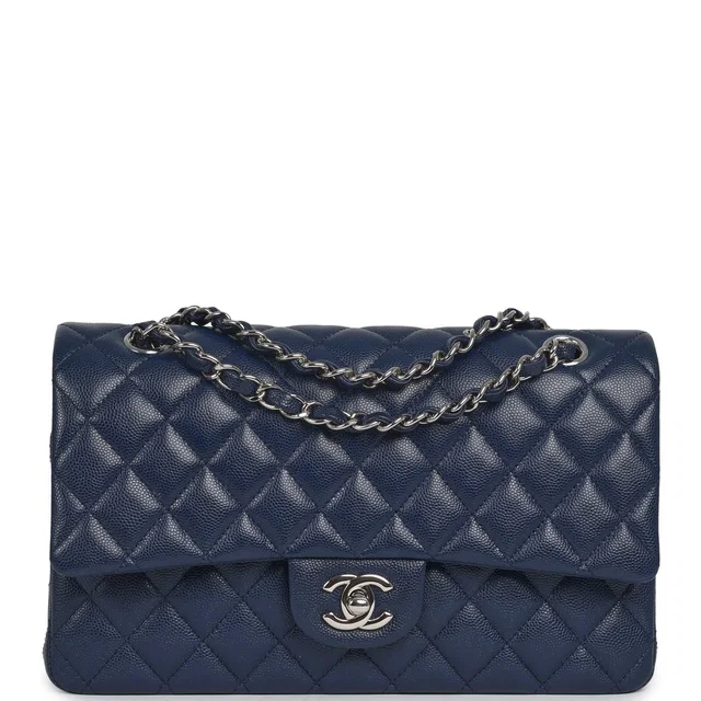 Chanel Medium Classic Double Flap Bag Navy Blue Caviar Silver Hardware in Navy Caviar leather from Madison Avenue Couture