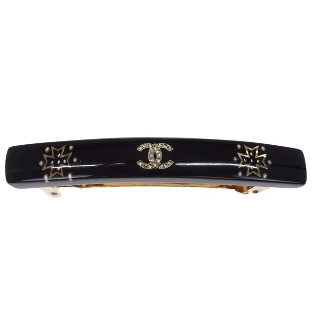 Chanel Barrette Hair Accessories Black Acrylic Rhinestone 09A in Black Resin from AMORE Vintage Tokyo