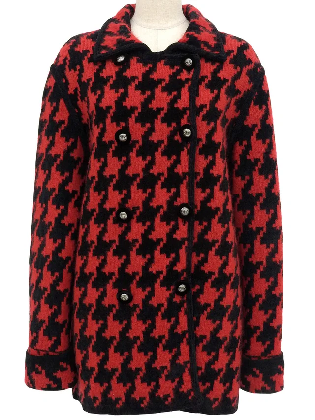 Dior Houndstooth Pattern Logo Button Coat #M Red/Black in Black Nylon from VINTAGE QOO TOKYO