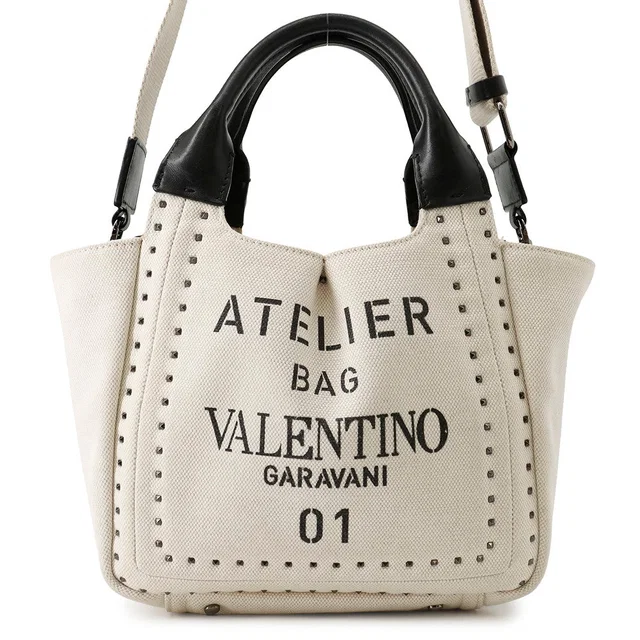 Valentino Garavani Atelier Bag 01 Metal Stitch Edition 2WAY Bag Beige/BlackWW0B0J97NIZ Canvas Leather Size Small in Beige Canvas from GALLERY RARE
