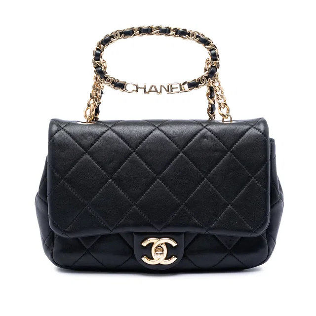 Black Chanel Small Quilted Lambskin Round Top Handle Flap Satchel in Black Lambskin from Designer Revival