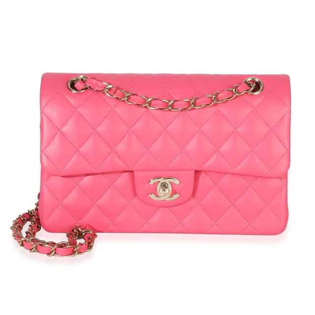 Chanel Pink Quilted Lambskin Small Classic Double Flap Bag Leather Handbag in Pink Lambskin from HEWI