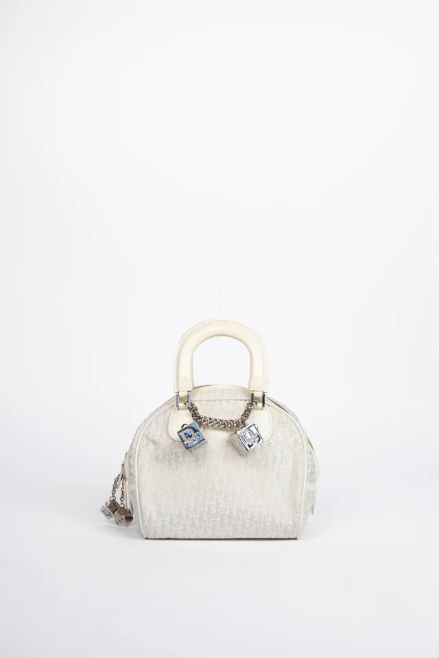 Dior Monogram White Gambler Dice Bowling Bag in White Patent leather from Break Archive