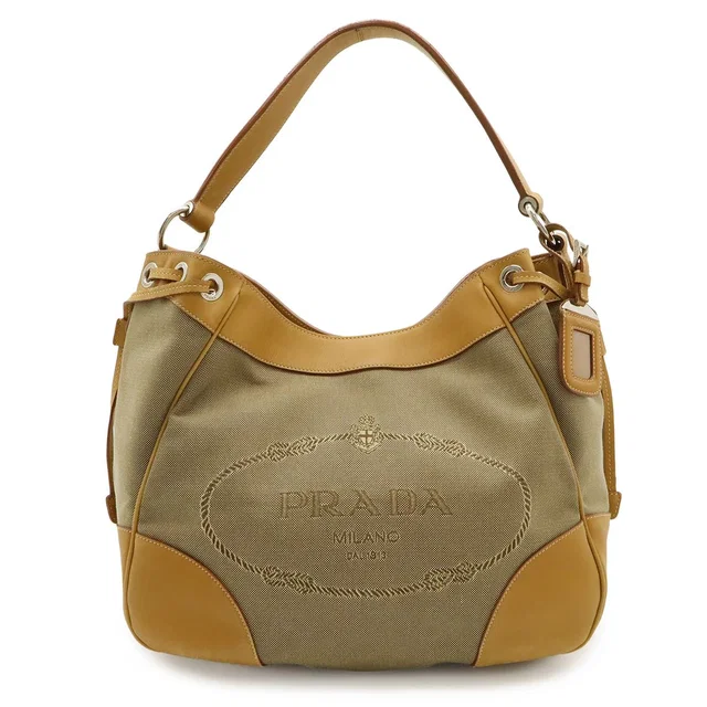 Prada Logo Jacquard Shoulder Bag Single Crossbody Canvas Leather Khaki Beige in Beige Canvas from The Reluxe