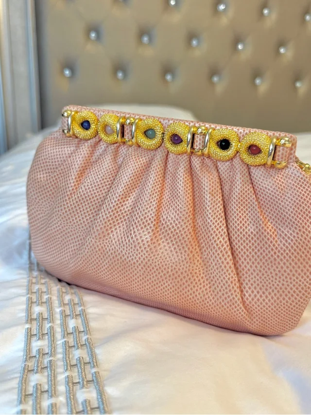 Judith Leiber Vintage Dusty Pink Lizard Jewel Frame Evening Bag in gold|pink Lizard from Poshmark