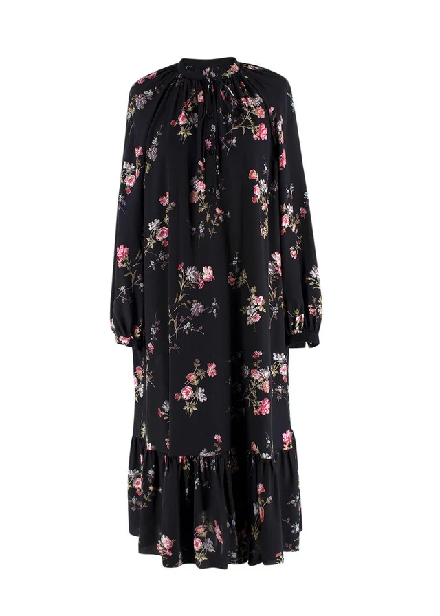 Celine Black Floral Print Silk MaixDress in Black Silk from HEWI