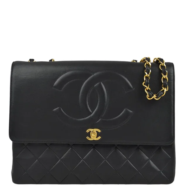 Chanel Black Lambskin Straight Flap Shoulder Bag in Black Lambskin from AMORE Vintage Tokyo
