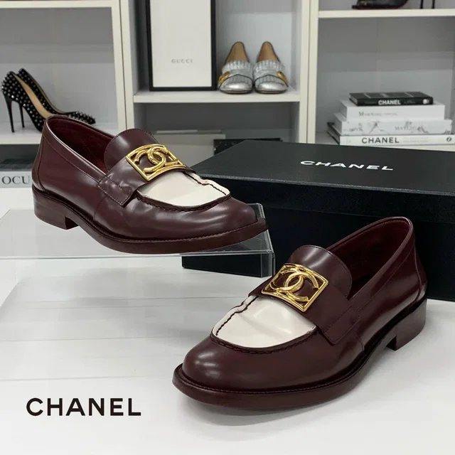 Chanel CC Logo Leather Loafers Burgundy White in White Leather from The Reluxe