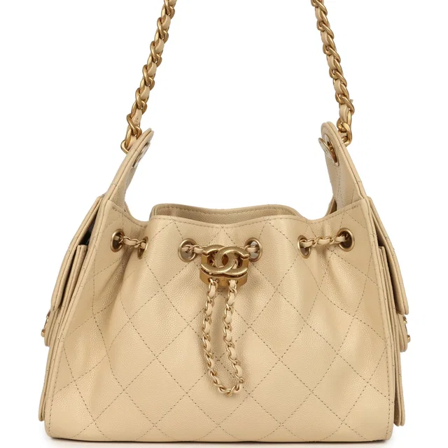Chanel Mini 25 Hobo Bag Light Beige Caviar Antique Gold Hardware in Beige Caviar leather from Madison Avenue Couture