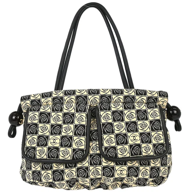 Chanel 2003-2004 Black Beige Canvas Coco Ball Camellia Tote Handbag in Black Canvas from AMORE Vintage Tokyo