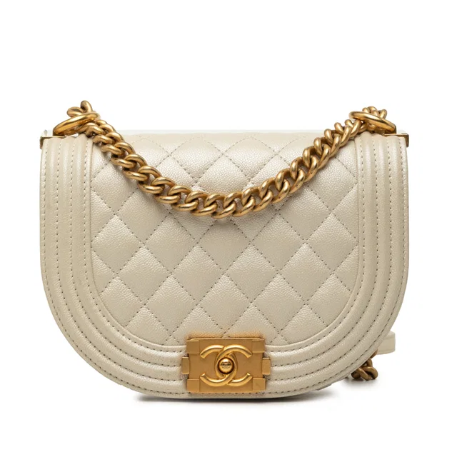White Chanel Small Quilted Caviar Boy Messenger Bag in White Caviar leather from Designer Revival