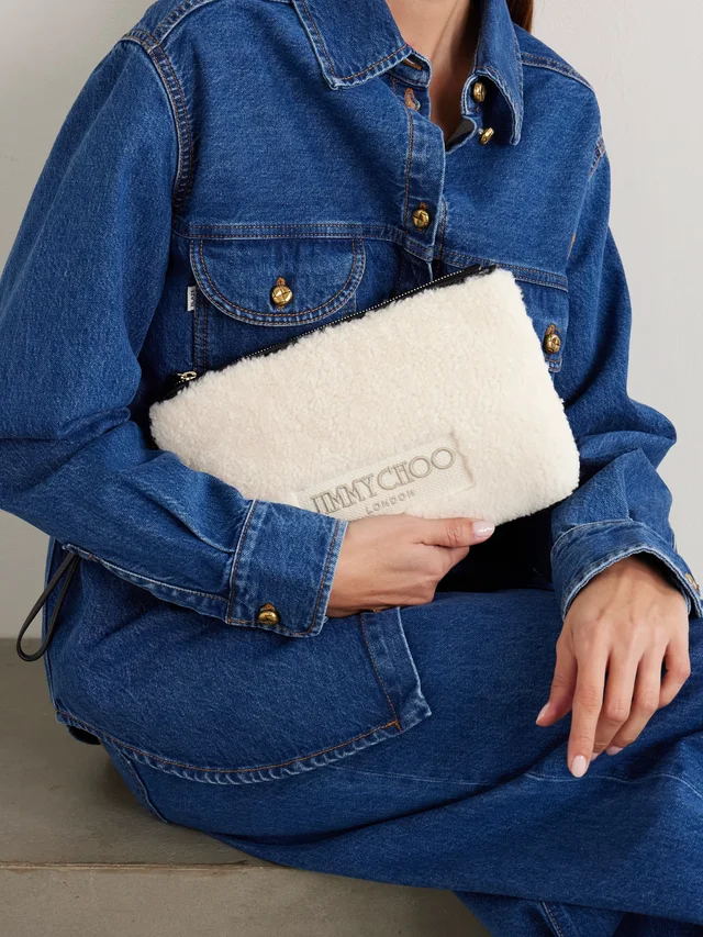 JIMMY CHOO Embroidered leather-trimmed shearling clutch in Beige, photo 2 of 2 from NET-A-PORTER (Canada)