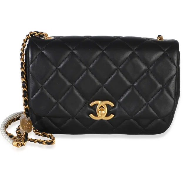 Chanel Black Quilted Lambskin Mini Pearly Chain Flap Bag Leather Handbag in Black Lambskin from HEWI