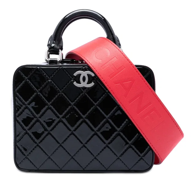 Black Chanel Small CC Quilted Patent Travel Kit Vanity Case Satchel in Black Patent leather from Designer Revival