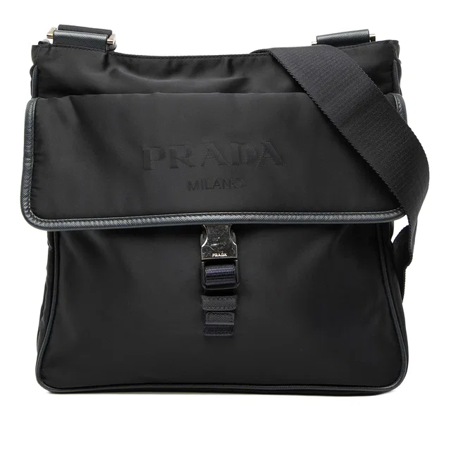Black Prada Saffiano Trimmed Tessuto Zip Top Crossbody in Black Saffiano leather from Designer Revival