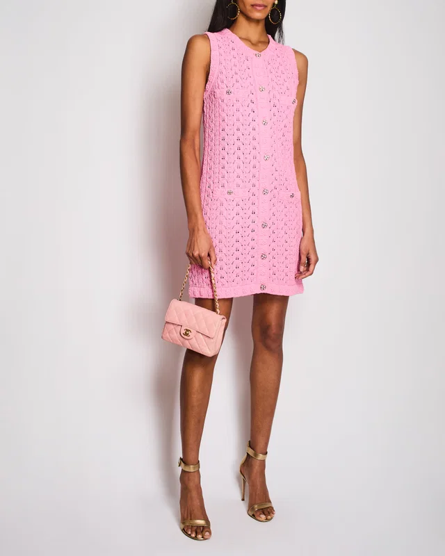 Chanel 24/S Pink Knitted Floral Short Sleeve Dress with CC Button Detail Size FR 36 (UK 8) in Pink Silk from Sellier