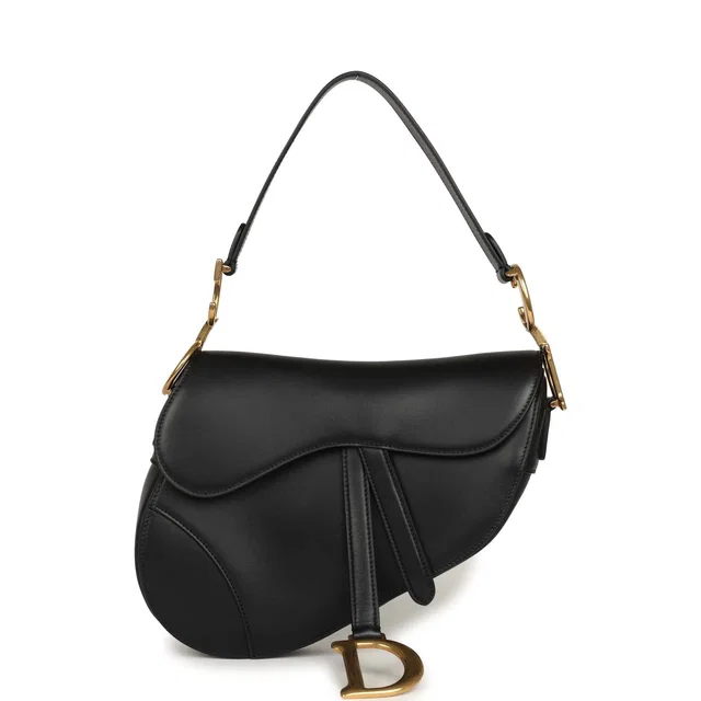 Dior Saddle Bag Black Calfskin Antique Gold Hardware in Black Calfskin from Madison Avenue Couture
