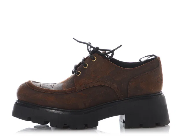 Celine Brown Waxed Suede Triomphe Derbies in Brown Suede from Ann's Fabulous Finds
