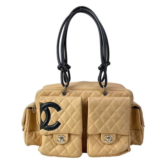 Chanel Shoulder Bag Cambon Line Multi Pocket Beige Black Silver in Black Calfskin from The Reluxe