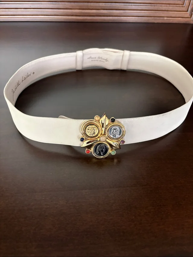 Judith Leiber White Leather Belt With Multicolor Medallion Buckle in gold|white Leather from Poshmark