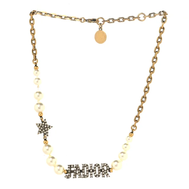 Dior Metal Pearl Crystal J'Adior Choker Necklace Antique Gold in Gold from FASHIONPHILE, photo 3 of 4
