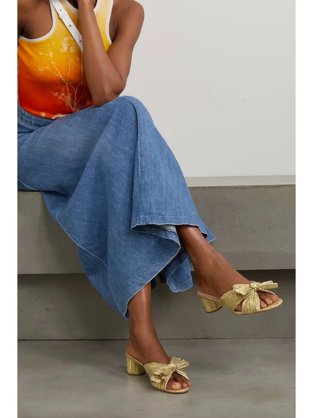LOEFFLER RANDALL Emilia bow-embellished plissé-lamé mules in Metallic, photo 2 of 2 from NET-A-PORTER (Canada)