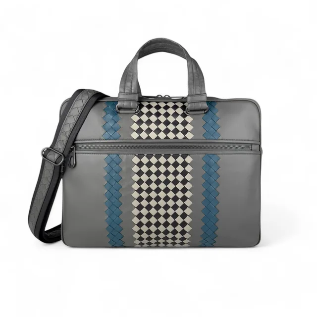 Bottega Veneta Intrecciato Trimmed Leather Briefcase in Grey Leather from Designer Archives