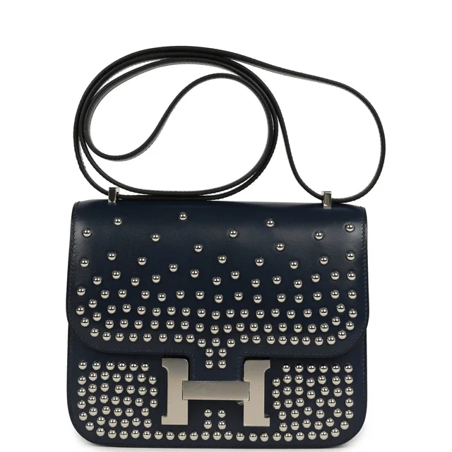Hermès Constance 18 Clouté Bleu Abysse Box Palladium Hardware in Blue Lambskin from Madison Avenue Couture