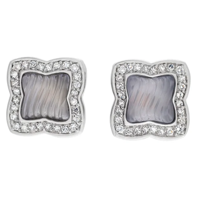 David Yurman 18K White Gold carved Chalcedony Quatrefoil Diamonds Earrings in White Yellow Gold from Gray And Sons