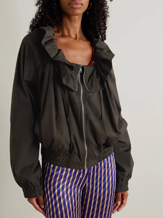 DRIES VAN NOTEN Ruffled gathered cotton-blend jacket in dark brown 98% Cotton 2% Elastane, photo 3 of 5 from NET-A-PORTER (Canada)