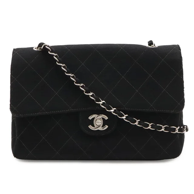 Chanel Quilted CC Logo Chain Shoulder Bag Cotton Jersey Leather Black Silver in Black Leather from The Reluxe