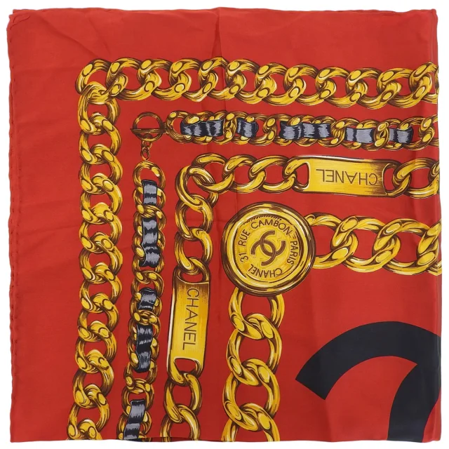 Chanel Chain Pattern Scarf, Red in Red Silk from VINTAGE QOO TOKYO, photo 4 of 10