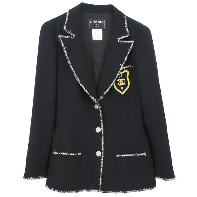 Chanel 2005 Emblem Single Breasted Jacket Black #38 in Black Wool from AMORE Vintage Tokyo